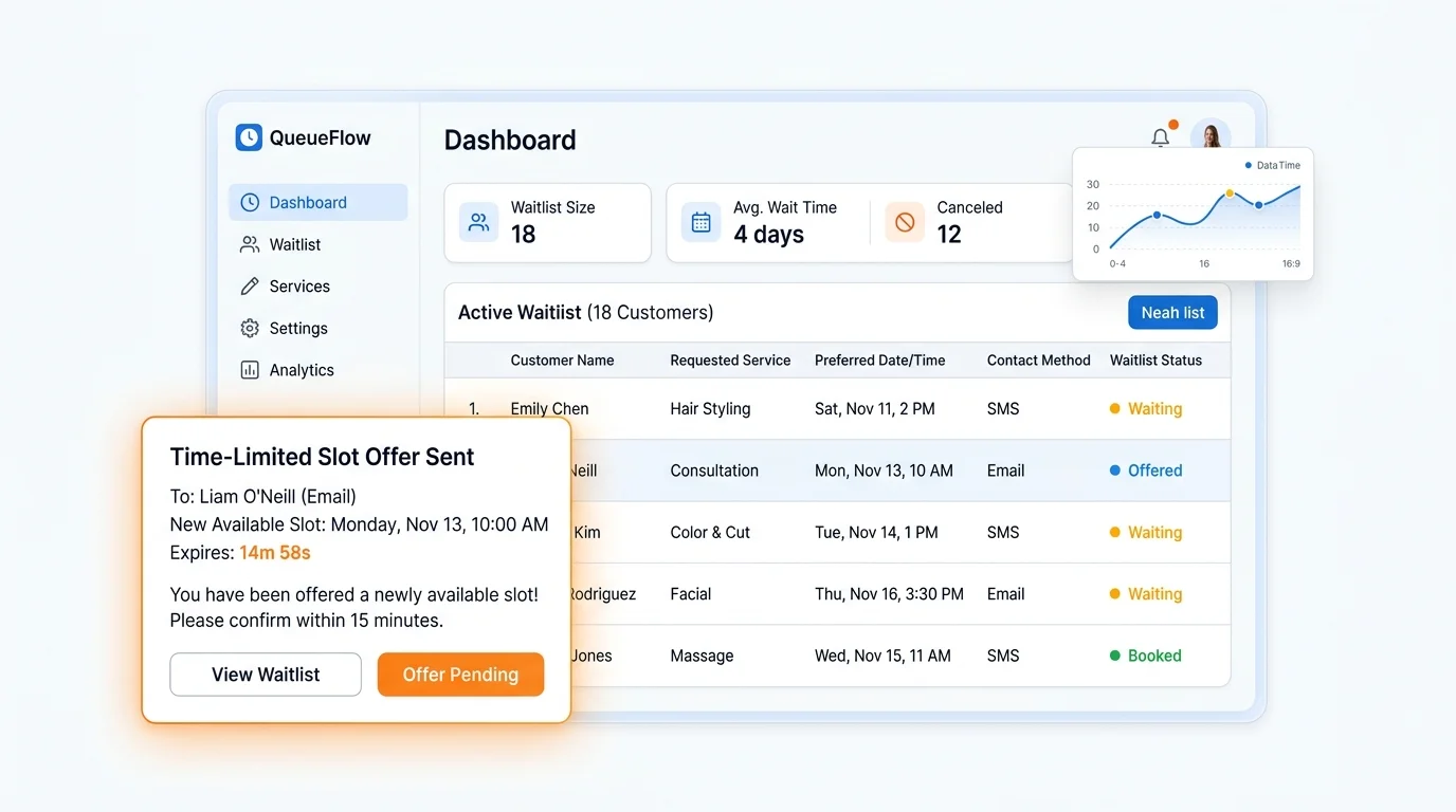 Automated appointment waitlist dashboard showing customer preferences and time-limited slot offers.