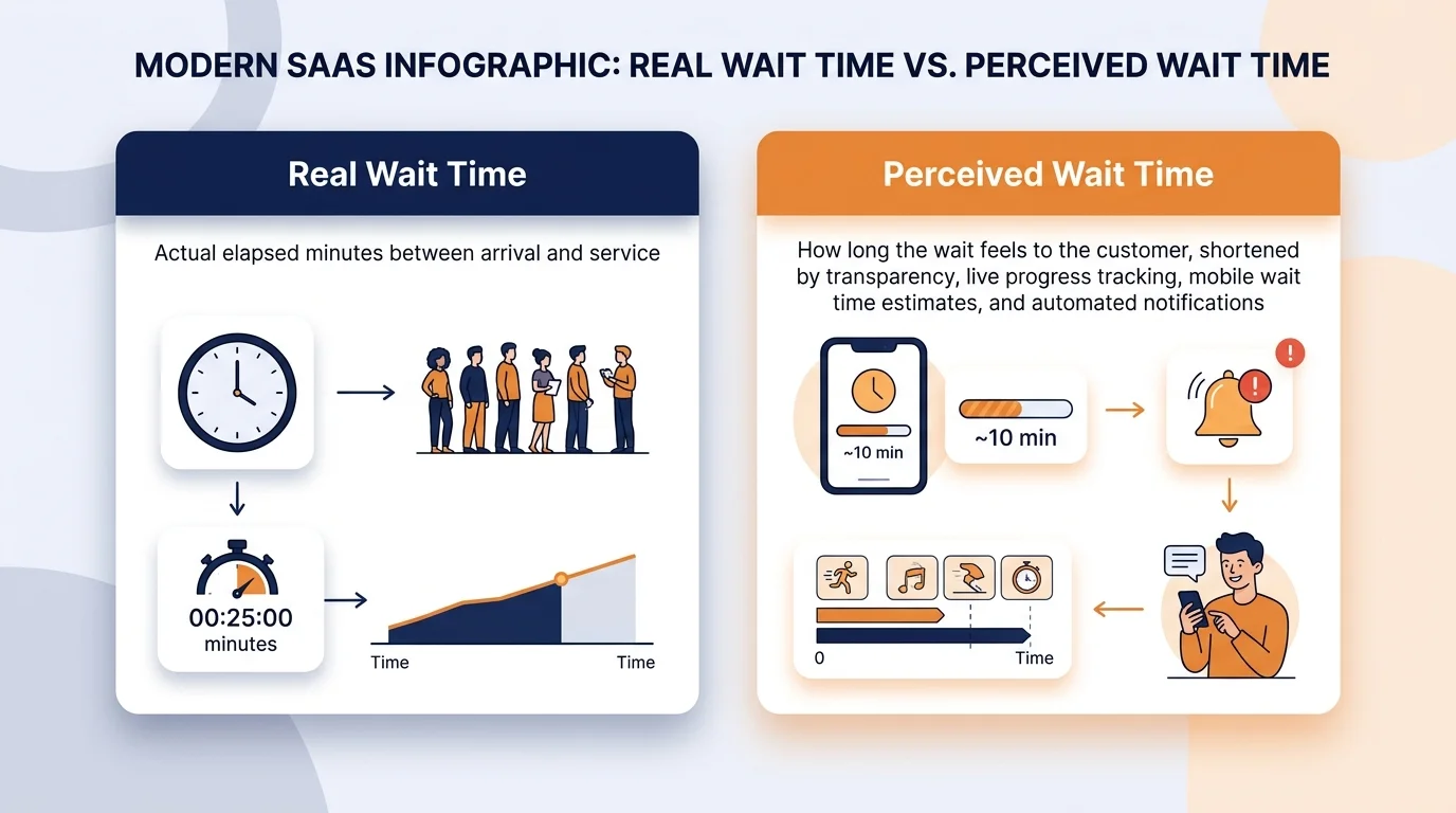 Diagram comparing real elapsed waiting time versus perceived customer waiting time.