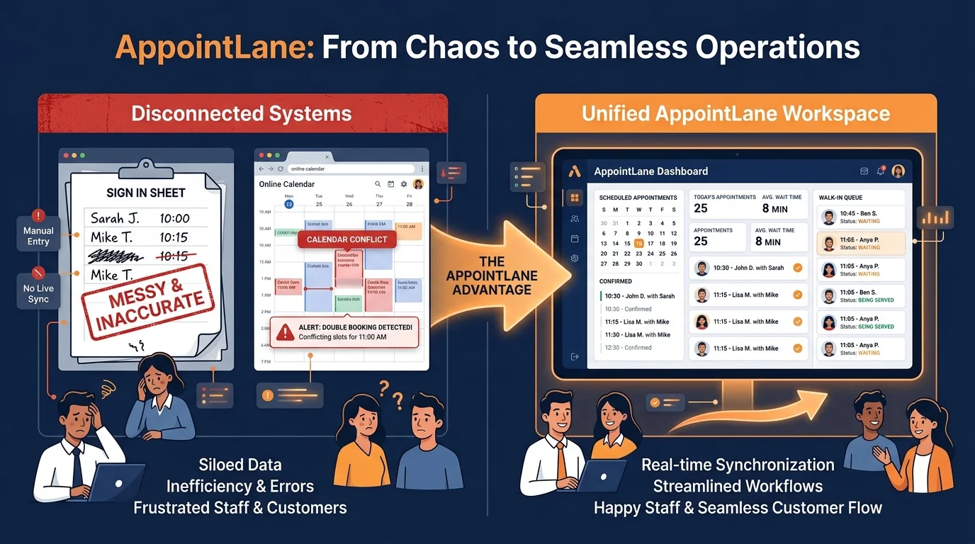 Illustration comparing disconnected manual systems with calendar conflicts against AppointLane's unified workspace.