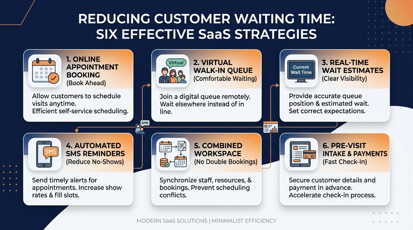 Graphic illustrating six key strategies to reduce customer waiting time using AppointLane.